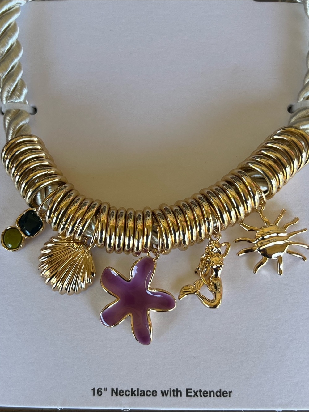 Gold Tone Beach Charm Necklace with Purple Starfish